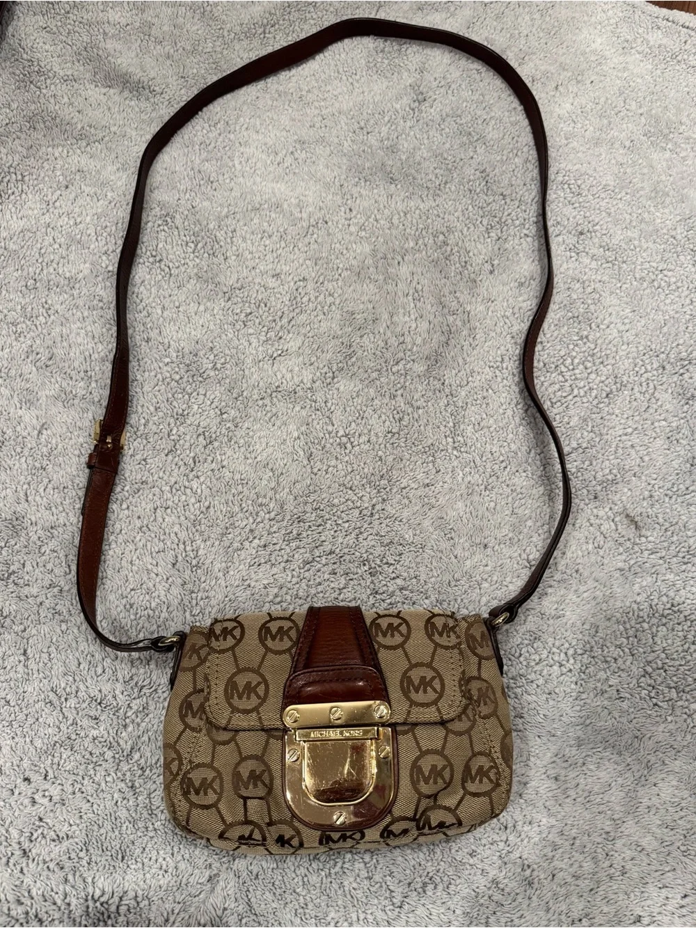 Michael Kors Beige and Brown Logo Crossbody with Gold Hardware